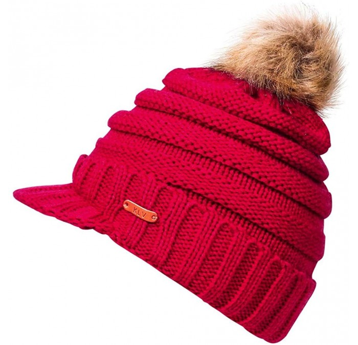 Womens Winter Warm Ribbed Beanie Hat with Brim- Girls Knit Visor Pom ...